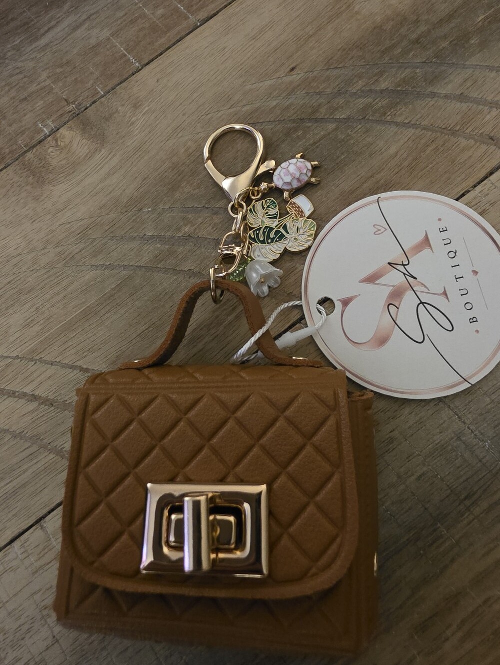 Cognac |Tan Quilted Mini Purse Bag Charm Or Keychain with Gold Hardware